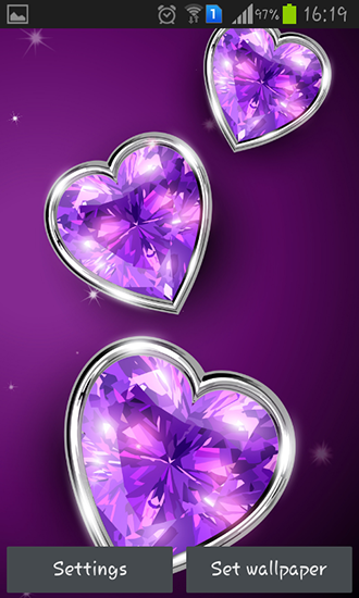 Screenshots of the live wallpaper Diamond hearts for Android phone or tablet.