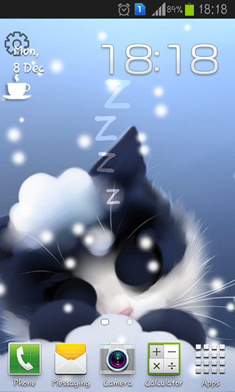 Screenshots of the live wallpaper Frosty the kitten for Android phone or tablet.