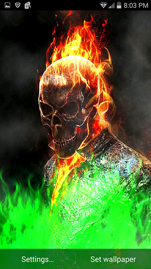 Screenshots of the live wallpaper Ghost rider: Fire flames for Android phone or tablet.
