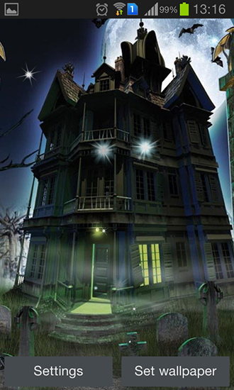 Screenshots of the live wallpaper Haunted house for Android phone or tablet.