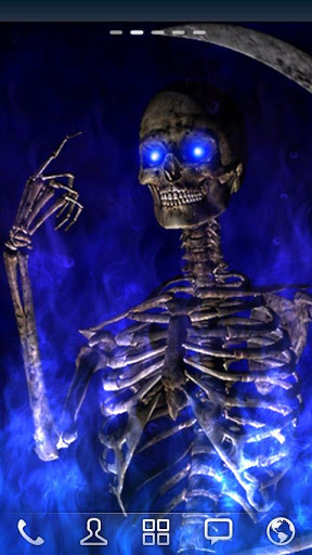 Screenshots of the live wallpaper Hellfire skeleton for Android phone or tablet.