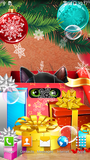 Screenshots of the live wallpaper Kitten on Christmas for Android phone or tablet.