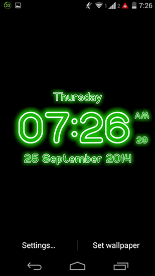 Screenshots of the live wallpaper Neon digital clock for Android phone or tablet.