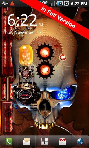 Screenshots of the live wallpaper Steampunk skull for Android phone or tablet.