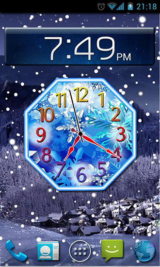 Screenshots of the live wallpaper Winter snow clock for Android phone or tablet.