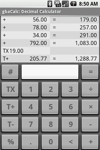 Gbacalc decimal calculator screenshot.