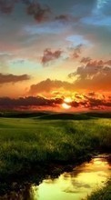 New mobile wallpapers - free download. Landscape, Rivers, Sunset, Grass, Sky, Sun picture and image for mobile phones.